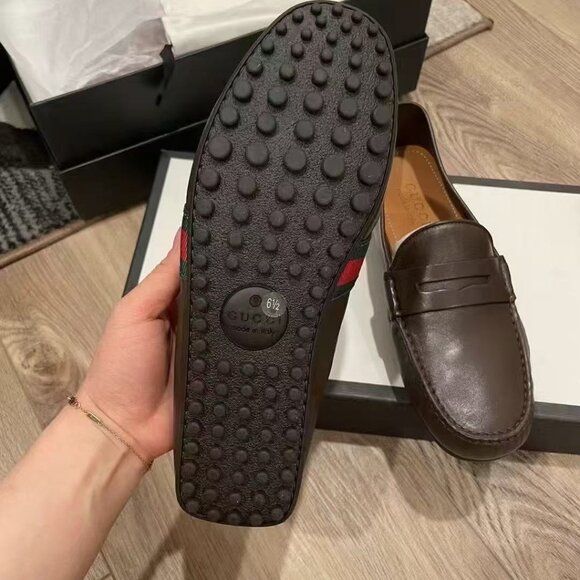 NIB Authentic Gucci Web Leather Men Loafers In Brown - Picture 4 of 5